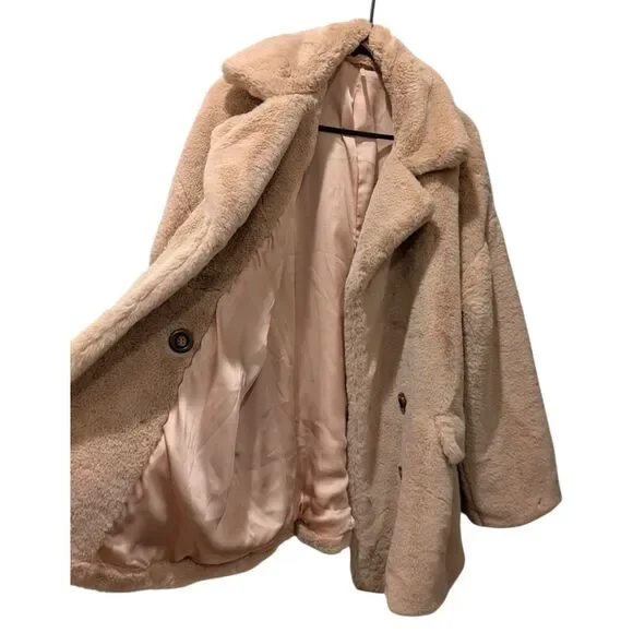 Free People Kate Oversized Faux-Fur Double-Breasted Coat Women's XL Apricot Tan - Picture 6 of 7